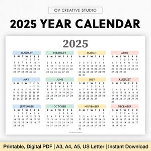 2025 Year Calendar Printable | Year at a Glance | Digital Download | 2025 Annual Calendar | Yearly Planner | Yearly Tracker | Wall Calendar