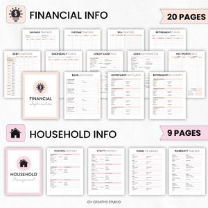 May include: A collection of printable financial and household management pages. The "Financial Info" section includes trackers for savings, income, debt, and investments. The "Household Info" section includes pages for expenses and home valuables. The image shows 20 financial pages and 9 household pages.