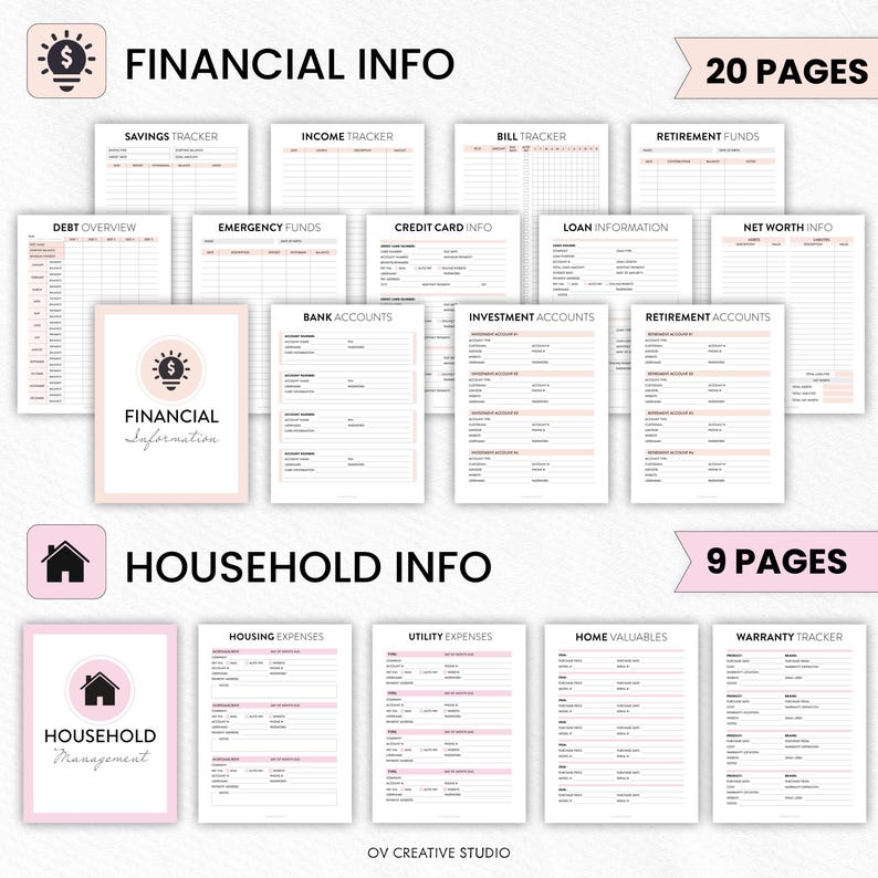 May include: A collection of printable financial and household management pages. The "Financial Info" section includes trackers for savings, income, debt, and investments. The "Household Info" section includes pages for expenses and home valuables. The image shows 20 financial pages and 9 household pages.