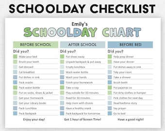 Editable Schoolday checklist for kids | Printable | Kids Chore Chart List | Before School, After School, Before Bed | Responsibility Chart