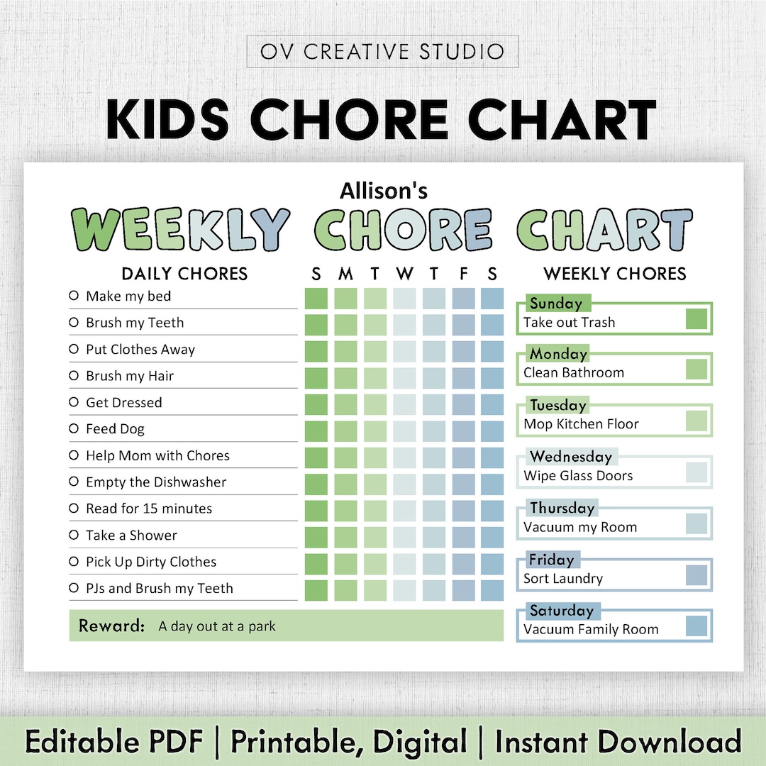 Editable Chore Chart for Kids Printable Kids Daily Weekly Editable Chore Chart for Kids Printable Kids Daily Weekly