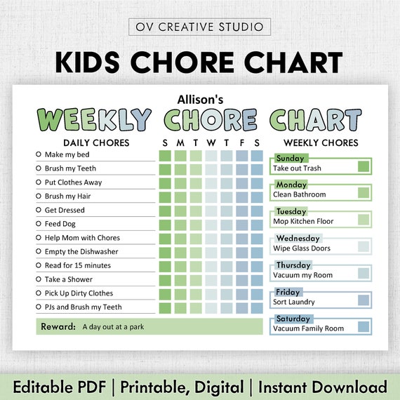 Editable Chore Chart for Kids | Printable | Kids Daily Weekly Responsibility Chart | Kids Chore List | Kids Daily Routine Checklist | PDF