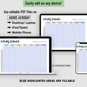 Puede incluir: Una imagen digital que muestra una plantilla de planificador semanal en un port&aacute;til, una tableta y un tel&eacute;fono. La plantilla tiene un esquema de color pastel y es editable con Adobe Acrobat. El texto "BLUE HIGHLIGHTED AREAS ARE FILLABLE" est&aacute; en la parte inferior de la imagen.