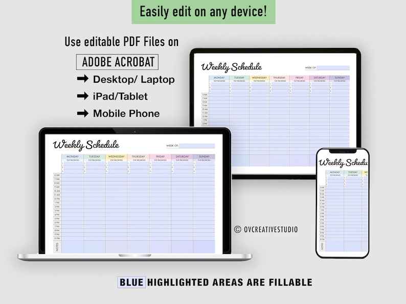 Puede incluir: Una imagen digital que muestra una plantilla de planificador semanal en un port&aacute;til, una tableta y un tel&eacute;fono. La plantilla tiene un esquema de color pastel y es editable con Adobe Acrobat. El texto "BLUE HIGHLIGHTED AREAS ARE FILLABLE" est&aacute; en la parte inferior de la imagen.