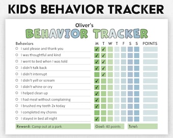 Peut inclure: Un suivi de comportement pour enfants imprimable avec le texte "KIDS BEHAVIOR TRACKER" et "Oliver's BEHAVIOR TRACKER". Le suivi comprend une liste de comportements, un tableau hebdomadaire et une section de récompense. Le texte "Editable PDF | Printable, Digital | Instant Download" est en bas.