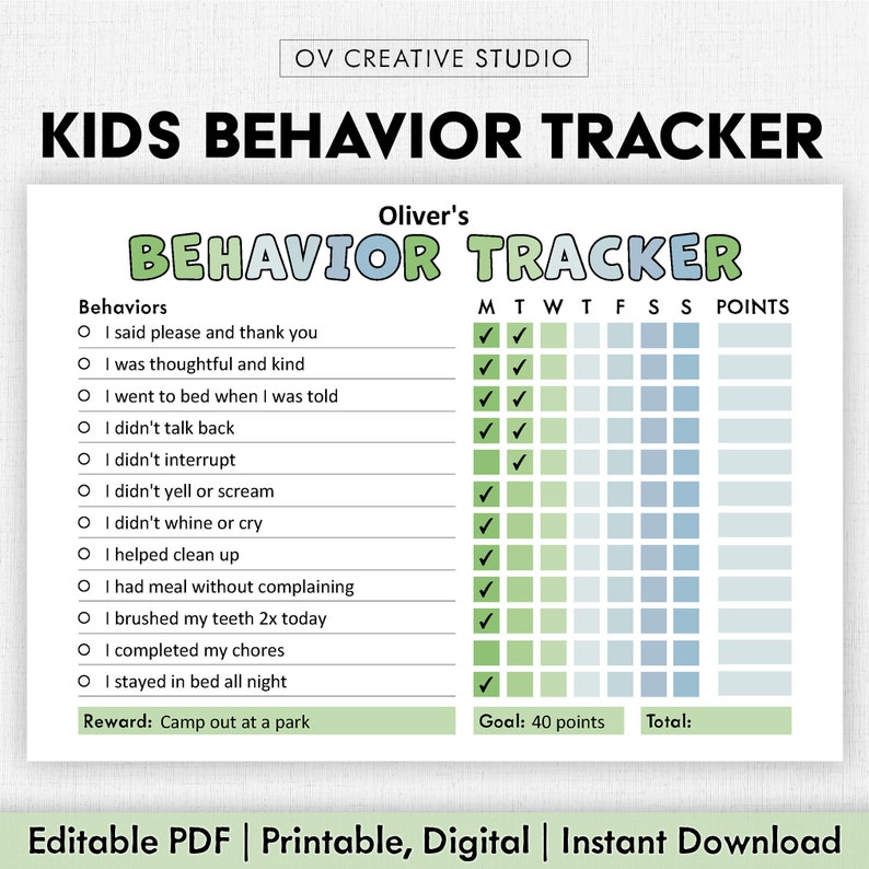 Behavior Reward Chart for Kids | Printable, Editable, Digital PDF ...