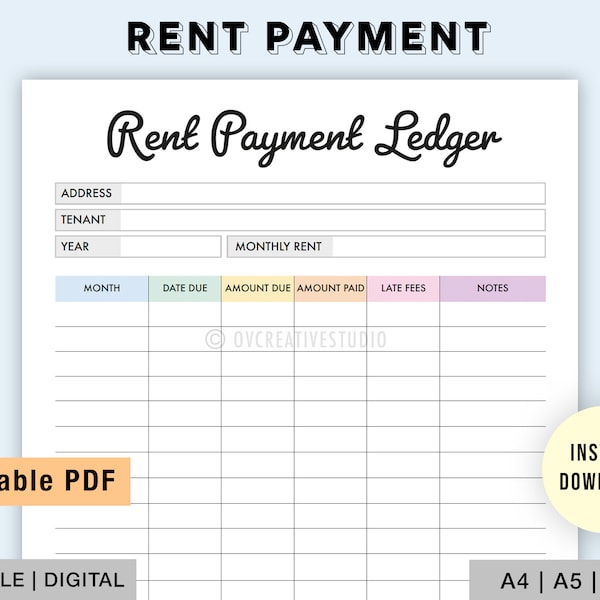 Editable Rent Payment Ledger | Printable Rent Payment Tracker | Yearly Rent Due | Monthly Rent Payment Tracker | Rental Payments | PDF