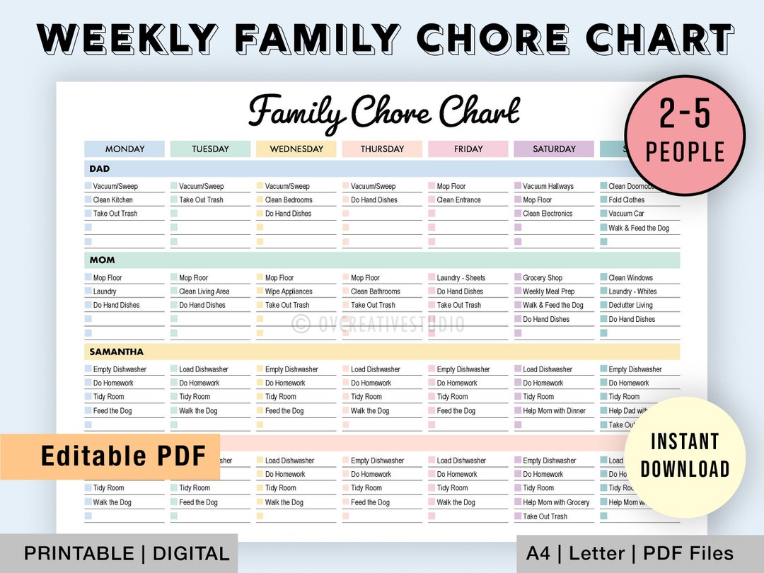 Editable Family Chore Chart Printable Weekly Chore List - Etsy UK