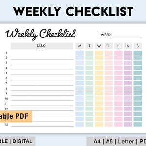Editable Weekly Checklist | Printable Weekly To Do List | Daily Checklist Template | Weekly Task Planner Template | Weekly Routine PDF