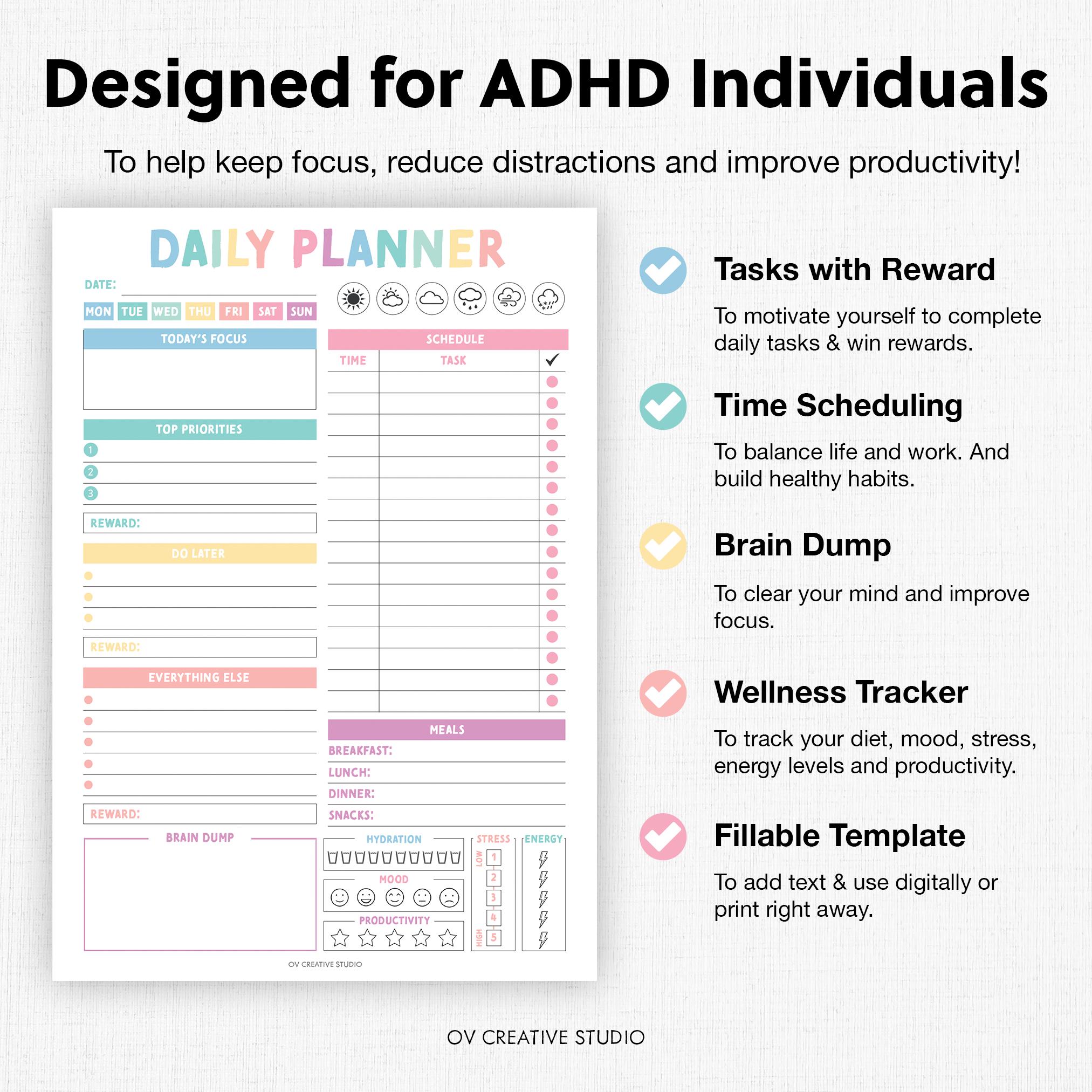 Editable ADHD Daily Planner | Printable, Digital | Daily Focus Template ...