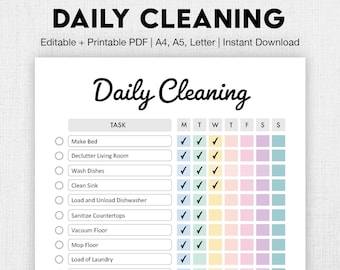 May include: A printable daily cleaning checklist with a colourful grid. The checklist includes tasks such as making the bed, decluttering the living room, washing dishes, cleaning the sink, loading and unloading the dishwasher, sanitising countertops, vacuuming the floor, mopping the floor, doing laundry, sorting mail, and emptying the trash.