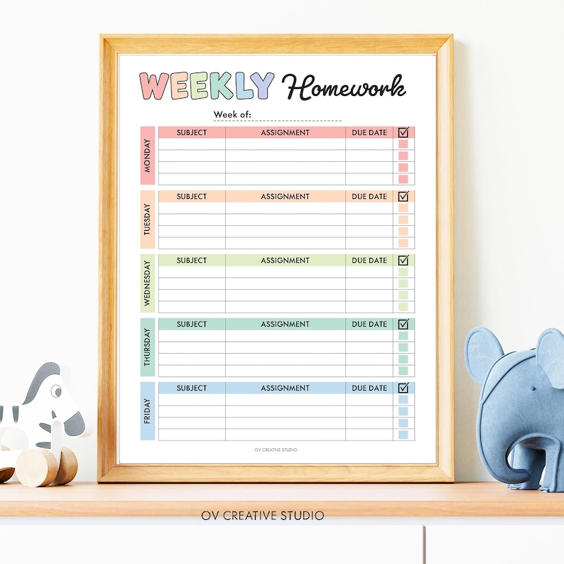May include: A framed weekly homework planner with a wooden frame. The planner has sections for each day of the week, with spaces for subject, assignment, and due date. The text "WEEKLY Homework" is at the top in colorful letters.