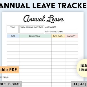 Editable Annual Leave Tracker | Printable | Holiday Tracker | Work Leave Log | Days Off | Annual Leave Planner Template | Leave List | PDF