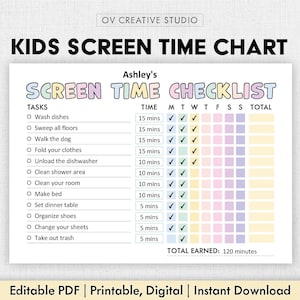Editable Screen Time Chart Kids | Printable, Digital | Screen Time Chore Chart | Kids Chore Checklist | Chore List | Screen Time Tracker PDF