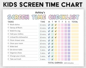 Editable Screen Time Chart Kids | Printable, Digital | Screen Time Chore Chart | Kids Chore Checklist | Chore List | Screen Time Tracker PDF
