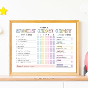 May include: A printable chore chart for kids with a colorful rainbow design. The chart includes daily chores like making the bed and brushing teeth, and weekly chores like taking out the trash and cleaning the bathroom. The chart also includes a reward for completing all the chores: a day out at the park.