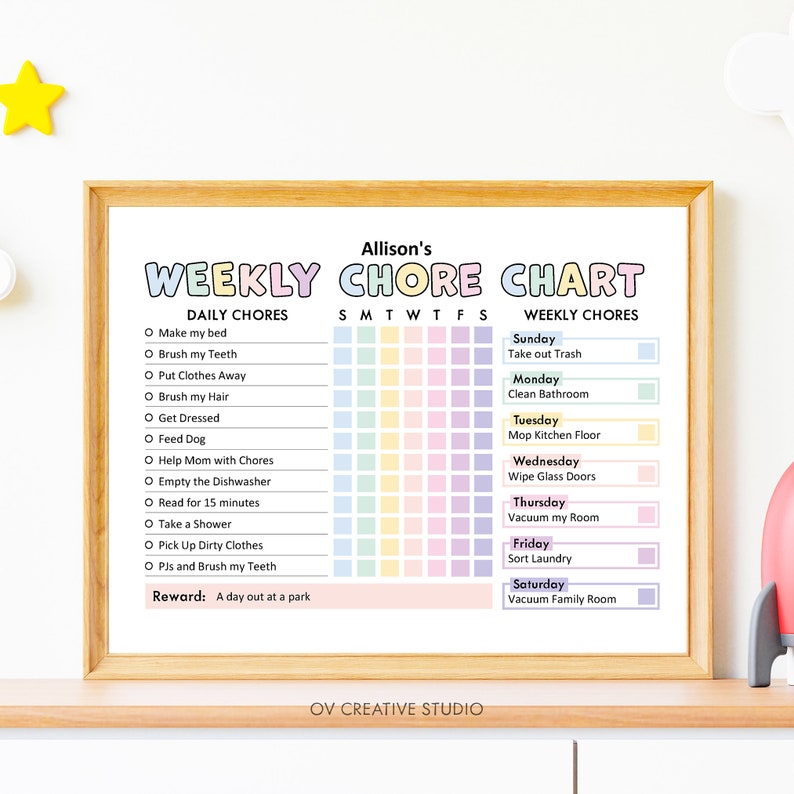 May include: A printable chore chart for kids with a colorful rainbow design. The chart includes daily chores like making the bed and brushing teeth, and weekly chores like taking out the trash and cleaning the bathroom. The chart also includes a reward for completing all the chores: a day out at the park.