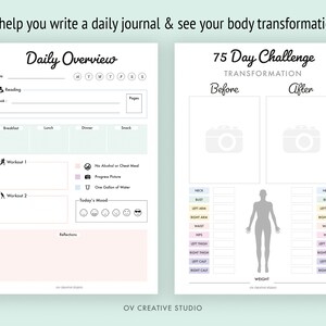 K&ouml;nnte beinhalten: Ein druckbares 75-Tage-Challenge-Tagebuch mit einem t&auml;glichen &Uuml;bersichtsbereich und einem K&ouml;rpertransformationstracker. Das Tagebuch enth&auml;lt Abschnitte zur Verfolgung von Mahlzeiten, Workouts, Stimmung und Reflexionen. Der K&ouml;rpertransformationstracker enth&auml;lt einen Vorher-Nachher-Bereich mit einer Silhouette einer Person und Messbereichen f&uuml;r Hals, Brust, Arme, Taille, H&uuml;ften, Oberschenkel und Waden.