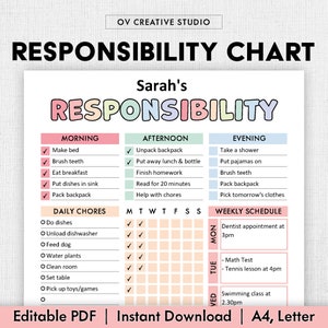 Editable Responsibility Chore Chart for Kids | Printable | Children Daily Weekly Schedule | Kids Chore List | Daily Routine Checklist | PDF