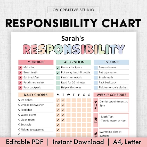 Editable Responsibility Chore Chart for Kids | Printable | Children Daily Weekly Schedule | Kids Chore List | Daily Routine Checklist | PDF
