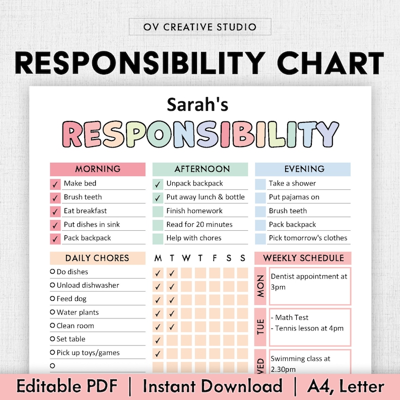Editable Responsibility Chore Chart for Kids | Printable | Children Daily Weekly Schedule | Kids Chore List | Daily Routine Checklist | PDF image 1