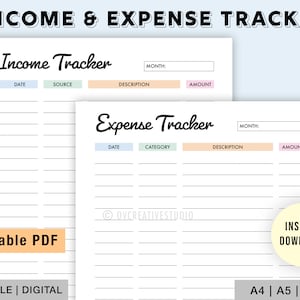 May include: Printable income and expense tracker in black and white with light blue, green, and pink headings. The tracker has columns for date, source, description, and amount for income and date, category, description, and amount for expenses. The text "Editable PDF" is at the bottom of the page.