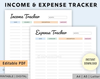 Editable Income and Expense Tracker | Monthly Income and Expense Recorder | Income Tracker Printable | Expense Log | Spending Tracker | PDF