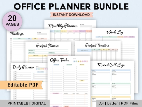 Editable Office Task Planner Bundle, Printable Work Schedule Planner, Office Organizer, Work To Do Checklist, Work Daily Weekly, Digital PDF
