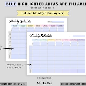 Puede incluir: Dos plantillas de horario semanal imprimibles con &aacute;reas resaltadas en azul. Las plantillas est&aacute;n dise&ntilde;adas para usar con Adobe Acrobat e incluyen opciones de inicio el lunes y el domingo. El texto "Blue Highlights wont appear on the print" est&aacute; en la parte inferior de la imagen.