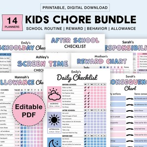 May include: A digital download bundle of 14 printable chore charts for kids. The charts are designed to help children with school routines, rewards, behavior, and allowance. The charts feature colorful designs with pink and blue accents. The text on the charts includes "School Day Check", "Screen Time", "After School Checklist", "Responsibility", "Reward Chart", "Allowance Chart", "Daily Checklist", and "Consequence Chart".