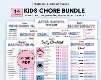 Editable Kids Chore Charts, Reward, Allowance, Screen time, School Routine, Behavior Chart, Consequences, Daily Checklist, Weekly Chores PDF