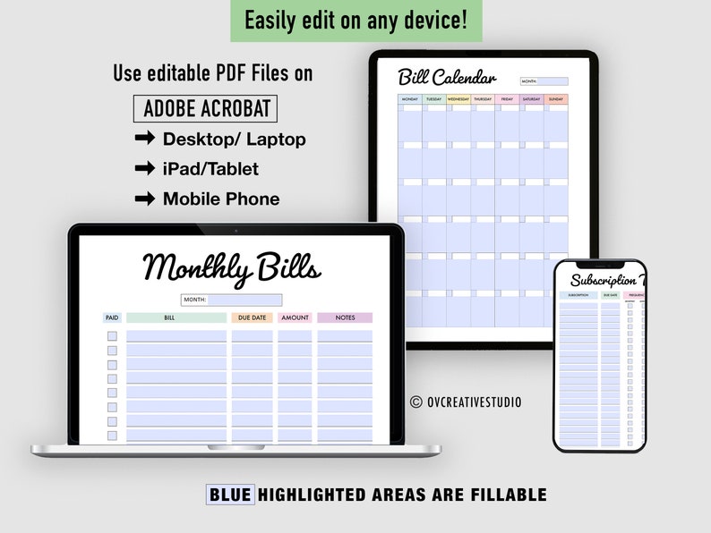 May include: Digital planner templates on a laptop, tablet, and phone. The laptop displays a "Monthly Bills" layout, the tablet a "Bill Calendar", and the phone a "Subscription" list. Text indicates the files are editable PDFs for use on various devices.