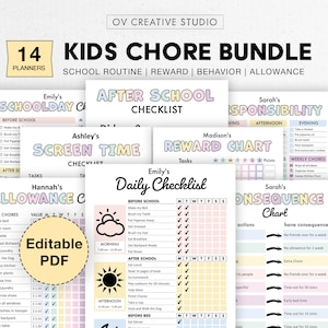 Editable Kids Chore Charts, Reward, Allowance, Screen time, School Routine, Behavior Chart, Consequences, Daily Checklist, Weekly Chores PDF