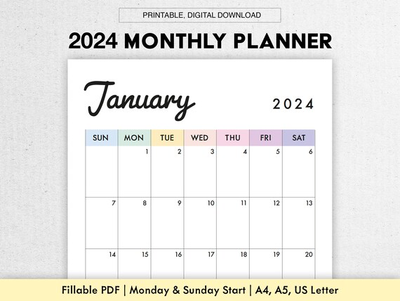 2024 Monthly Calendar Printable, Fillable Dated Monthly Template 2024  Digital Portrait, Vertical, 2024 Diary Insert A4, A5, Letter - Etsy