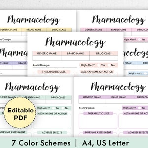 May include: Printable pharmacology study guide with seven color schemes. The guide includes sections for generic name, brand name, drug class, route/dosage, high alert, therapeutic uses, mechanisms of action, nursing assessment, and adverse effects. The guide is designed for A4 or US Letter size paper.