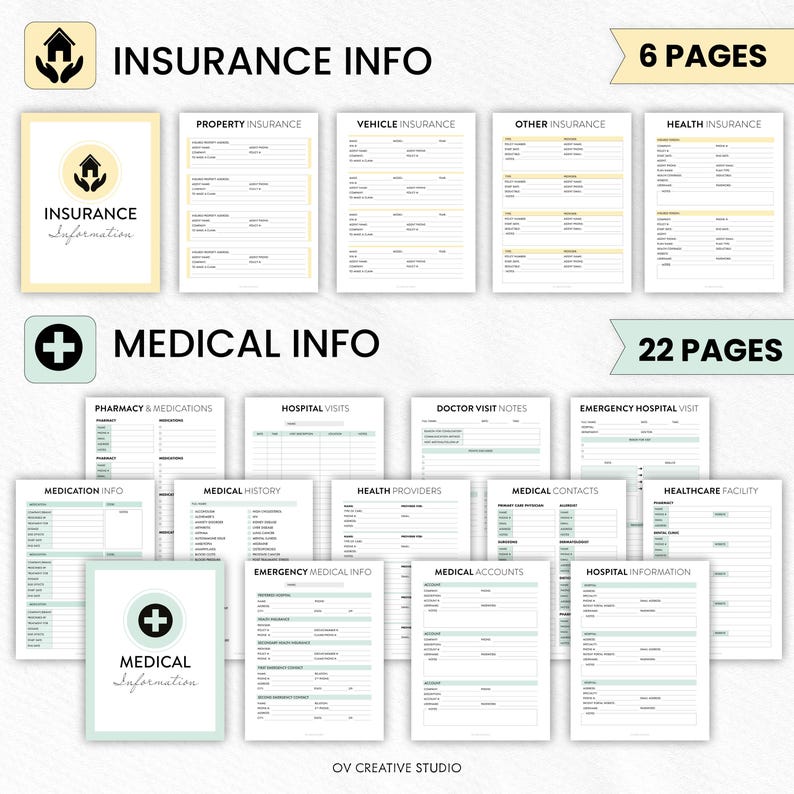 May include: A collection of printable forms for insurance and medical information. The "Insurance Info" section includes property, vehicle, and health insurance forms. The "Medical Info" section includes forms for medication, medical history, and emergency contacts. The image shows 6 and 22 pages.