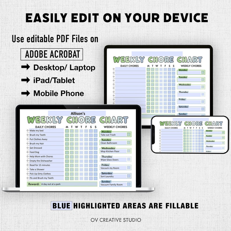 May include: A digital printable chore chart for kids with a blue and green color scheme. The chart is divided into daily and weekly chores. The chart is editable and can be used on a computer, tablet, or phone. The text on the chart says "Weekly Chore Chart" and "Allison's Weekly Chore Chart".