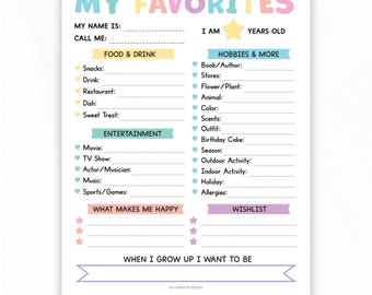 Lista de cosas favoritas de los niños / Imprimible, Digital / Para conocernos mejor, Intercambio de regalos para estudiantes, Encuesta, Cuestionario para amigos de la escuela, Lista de favoritos