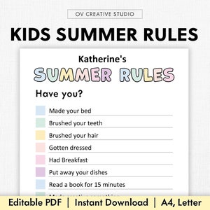 Editable Summer Rules For Kids | Printable Summer Rules | Summer Routine for Kids | Daily Routine Checklist | Kids Summer Checklist Chart