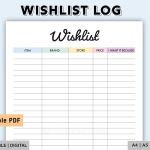 Editable Wishlist Tracker | Printable | Things to Buy | Want List Template | Shopping List | Store Buying List | Shopping Log PDF