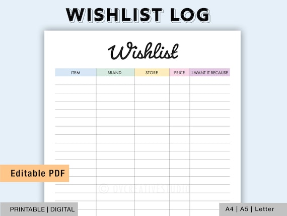 Editable Wishlist Tracker | Printable | Things to Buy | Want List Template | Shopping List | Store Buying List | Shopping Log PDF