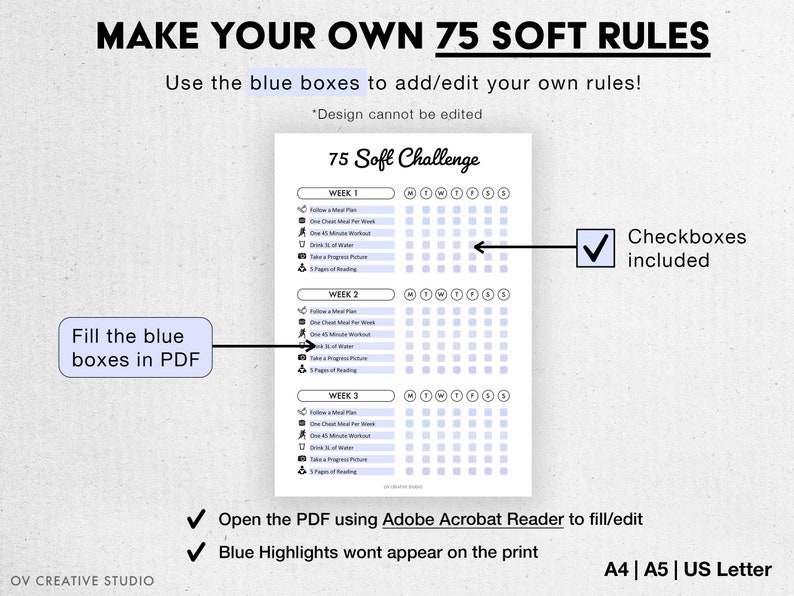Editable 75 Soft Challenge Tracker Bundle Printable Daily 75 Soft Challenge journal Tracker Rainbow Habit Tracker Digital Tracker image 9