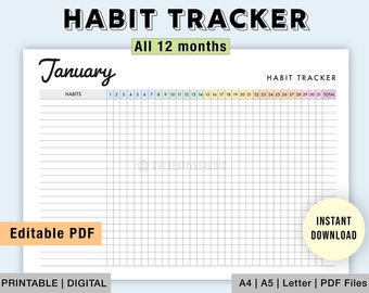 Editable Habit Tracker | Printable Monthly Habit Tracker Journal | Daily Habit Tracker Tracker | Habit Planner, Habit Journal | Digital PDF