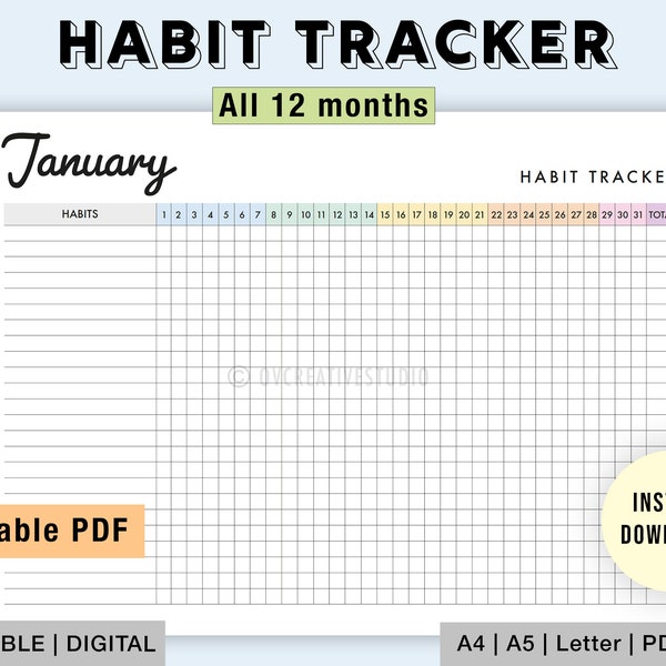 Editable Habit Tracker | Printable Monthly Habit Tracker Journal | Daily Habit Tracker Tracker | Habit Planner, Habit Journal | Digital PDF