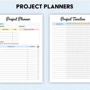Op de afbeelding: Een printbare projectplanner en tijdlijn sjabloon. De planner heeft secties voor projectnaam, start- en einddatum, mijlpalen, doelen en doelstellingen, voortgang en een actieplan met vervaldagen. De tijdlijn heeft een raster voor taken en activiteiten met de dagen van de week gelabeld.