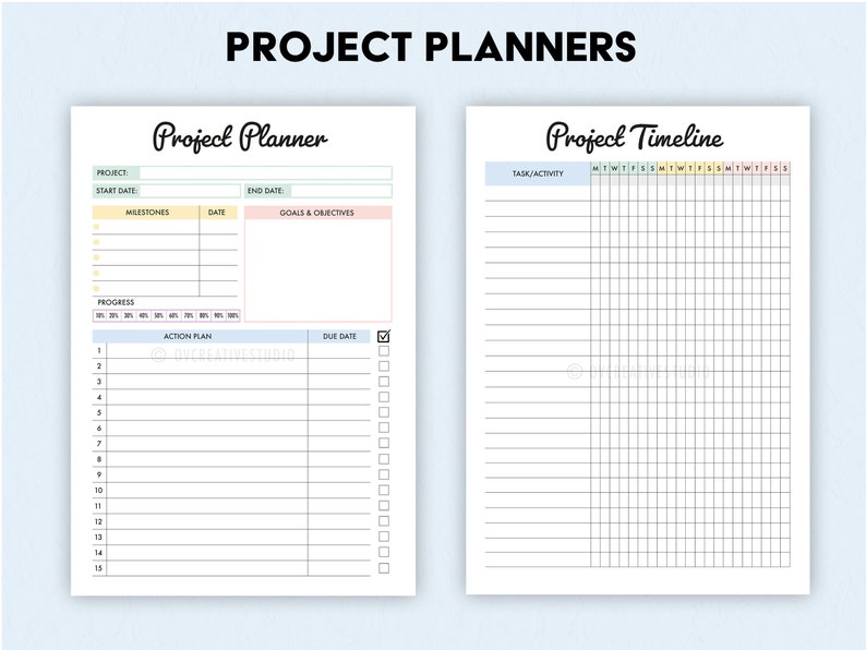 Op de afbeelding: Een printbare projectplanner en tijdlijn sjabloon. De planner heeft secties voor projectnaam, start- en einddatum, mijlpalen, doelen en doelstellingen, voortgang en een actieplan met vervaldagen. De tijdlijn heeft een raster voor taken en activiteiten met de dagen van de week gelabeld.