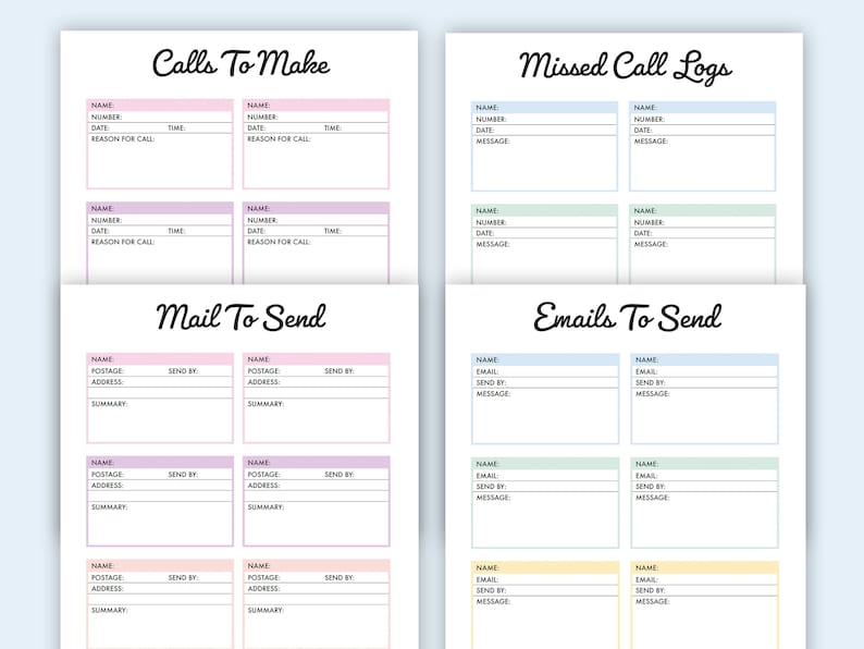 Op de afbeelding: Een afdrukbare checklist met secties voor telefoontjes, gemiste oproepen, post om te verzenden en e-mails om te verzenden. Elke sectie heeft meerdere rijen met velden voor naam, nummer, datum, reden voor het telefoontje, porto, adres, verzonden door, e-mail en bericht.