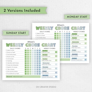 May include: A printable chore chart for kids with a green and blue color scheme. The chart is divided into daily and weekly chores. The daily chores include making the bed, brushing teeth, putting clothes away, brushing hair, getting dressed, feeding the dog, helping with chores, emptying the dishwasher, reading for 15 minutes, taking a shower, picking up dirty clothes, and putting on pajamas and brushing teeth. The weekly chores include taking out the trash, cleaning the bathroom, mopping the kitchen floor, wiping glass doors, vacuuming the room, sorting laundry, and vacuuming the family room. The chart has a reward section that says "A day out at a park".