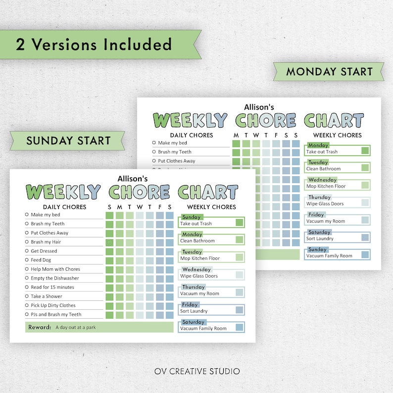 May include: A printable chore chart for kids with a green and blue color scheme. The chart is divided into daily and weekly chores. The daily chores include making the bed, brushing teeth, putting clothes away, brushing hair, getting dressed, feeding the dog, helping with chores, emptying the dishwasher, reading for 15 minutes, taking a shower, picking up dirty clothes, and putting on pajamas and brushing teeth. The weekly chores include taking out the trash, cleaning the bathroom, mopping the kitchen floor, wiping glass doors, vacuuming the room, sorting laundry, and vacuuming the family room. The chart has a reward section that says "A day out at a park".