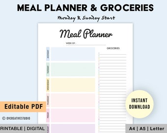 May include: Printable meal planner and grocery list template in PDF format. The planner has a colorful design with pastel colors and a section for each day of the week. The grocery list is on the right side of the page. The text "Meal Planner" is in a handwritten font.